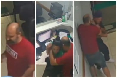 Vídeo mostra maníaco tentando beijar recepcionista à força e quebrando hospital