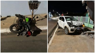 Motorista invade preferencial, atinge motociclista e derruba muro de residência em VG