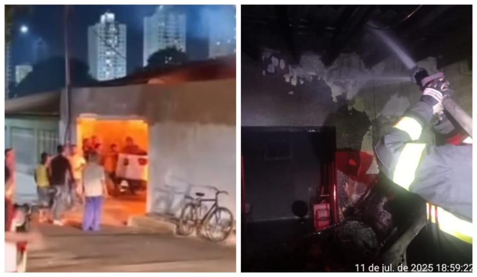 Moradores tentam “salvar” carro de ser consumido por fogo dentro de casa em Cuiabá