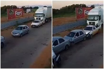 Carreta desgovernada atinge veículos e deixa dois feridos em avenida; veja vídeo