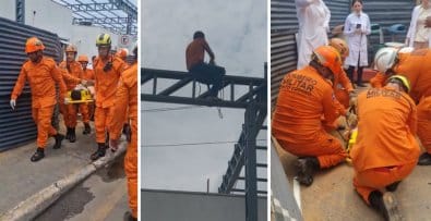 Homem que ameaçou se jogar de torre de supermercado pula de obra no pronto-socorro; vídeos