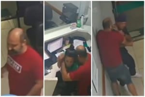 Vídeo mostra maníaco tentando beijar recepcionista à força e quebrando hospital