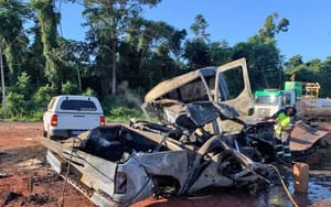 Duas pessoas morrem carbonizadas em colisão frontal entre caminhão e Hilux