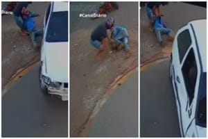 Motorista de carro invade preferencial, atropela motociclista duas vezes e foge
