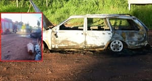 Carro de funerária pega fogo na rodovia BR-163 e corpo é retirado às pressas